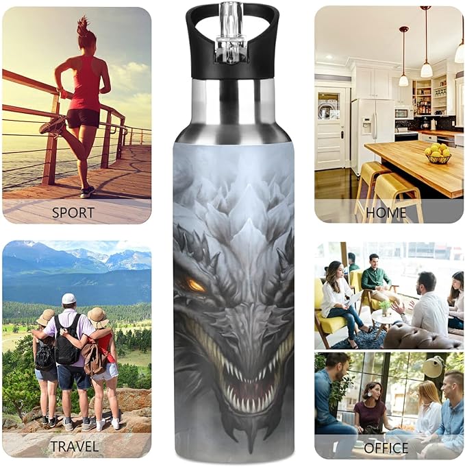 Blueangle 20 OZ Scary Dragon Water Bottle with Straw, Sports Water Bottle BPA Free Stainless Steel Water Jugs for Gym, Kitchen, Working, Outdoor（971）