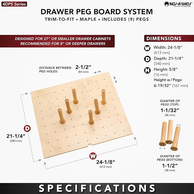Rev-A-Shelf Trimmable Pegboard Drawer Divider Organizer, Trim to Fit Wooden Kitchen Cabinet Storage Utensil, Pots & Dish Rack, 24" x 21", 4DPS-2421
