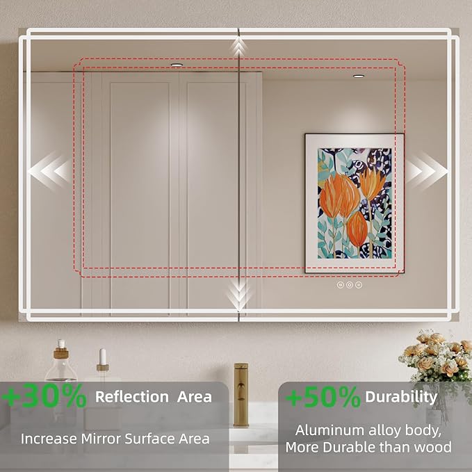 Buruis 48'' x 32'' Medicine Cabinet with Lights and Mirrors, Recessed or Wall Mounted Modern Bathroom Cabinet with 3-Mode Light, Anti-Fog, Dimmable, Memory Function, Outlet, Silver