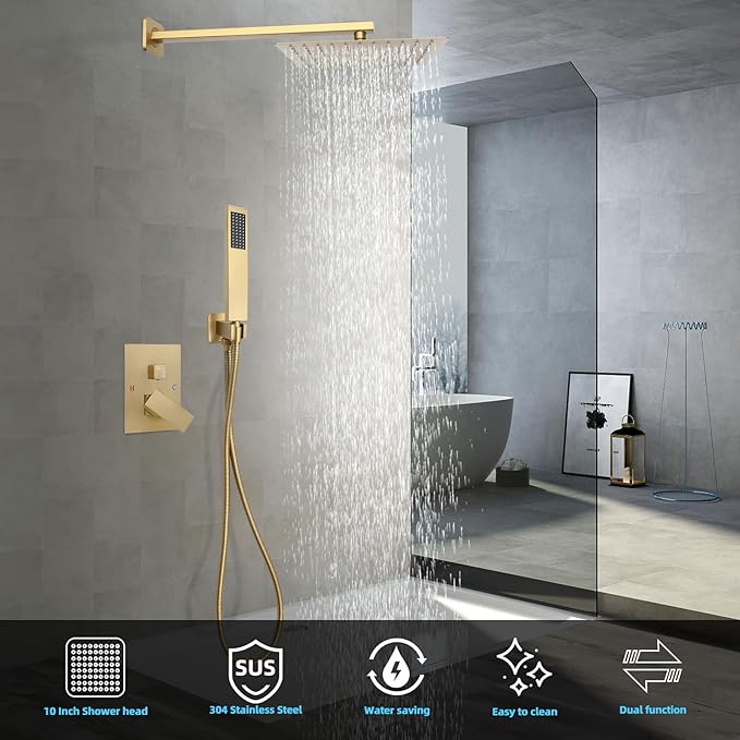 Bathroom Shower Faucet Set，10 Inch Rain Shower Head with Handheld Spray，Brass Shower Valve Trim Kit，Wall Mounted Square Rain Shower System (Brushed Gold)