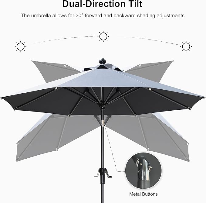 PURPLE LEAF 9' Round Patio Umbrella Outdoor Table Umbrella Aluminum Frame Market Umbrella Sun Umbrella with 8 Sturdy Ribs & Tilt for Garden Deck Lawn & Pool Gray