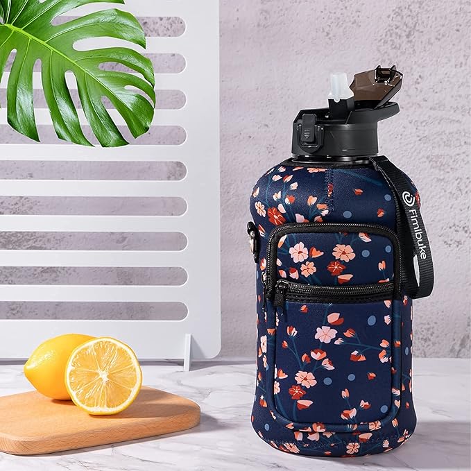 Fimibuke Half Gallon Water Bottle with Sleeve 64 OZ Water Bottle with Handle & Straw Leakproof Motivational Sports Gym Water Bottle with Time Marker BPA Free Water Jug with Reusable Neoprene Holder