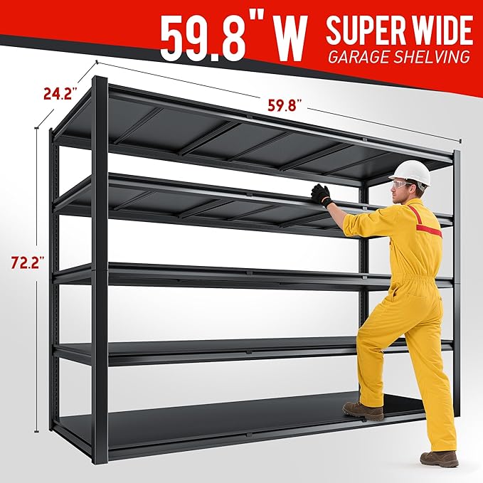 59.8" W x 72.2" H x 24.2" D Storage Shelves Metal Shelving, 3000LBS Garage Shelving Unit with Adjustable Shelf, 5 Tier Storage Rack for Garage, Pantry, Warehouse, Basement, Black