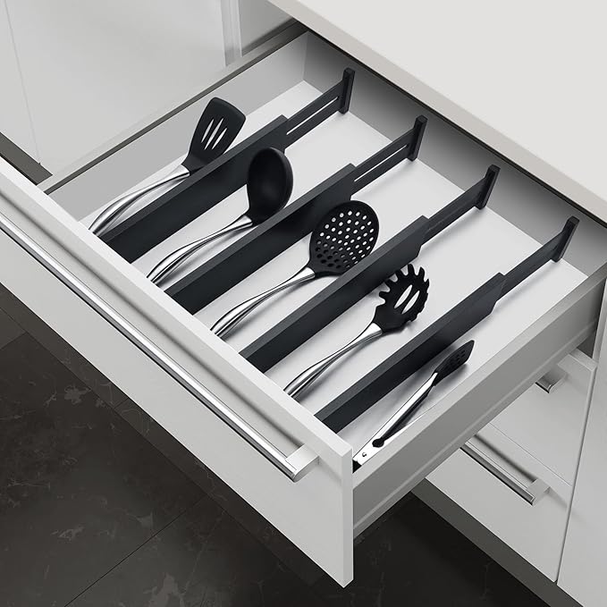 4 Pack Bamboo Drawer Dividers, Adjustable Length from 12 Inch to 17 Inch, Expandable Kitchen Drawer Organizer, Drawer Organization Separators for Clothes, Kitchen, Bedroom, Dresser, Office (Black)