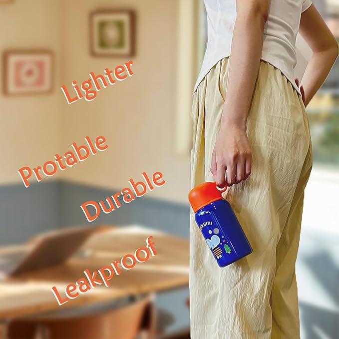 Cute Water Bottle with Sleeve and Straw, Kawaii and Vacuum Insulated Stainless Steel Metal Water Jug for School Camping Sports Travel (BLUE)