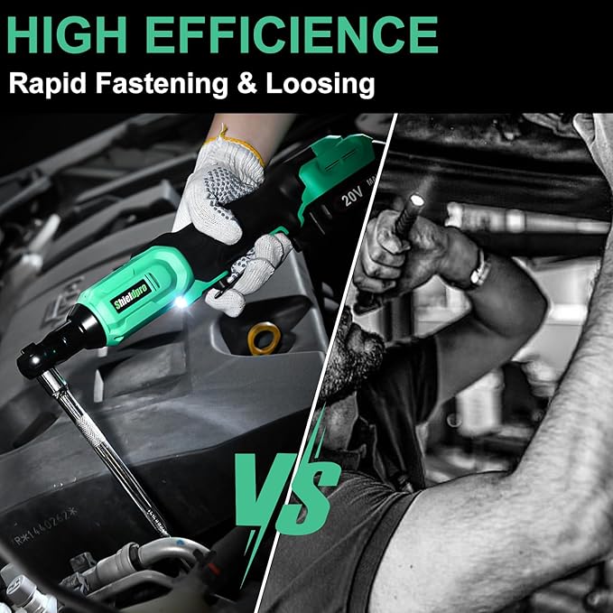 ShieldPro 20V Cordless Ratchet Wrench Set - 3/8" Electric Power Ratchet Kit with 400RPM, LED Work Light, and 2 Batteries, Fast Charger, Sockets, Adapters and Extension Bars (Green)