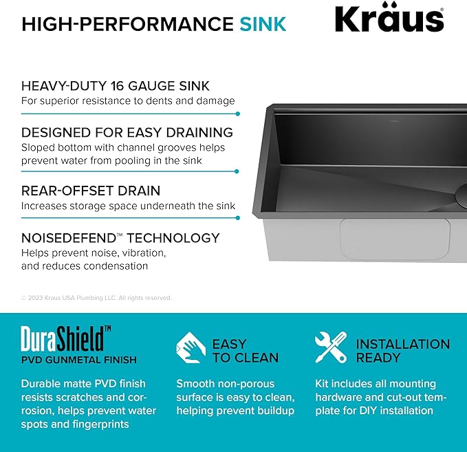 KRAUS Kore Workstation 32-inch Undermount 16 Gauge Stainless Steel Single Bowl Kitchen Sink in Gunmetal Black PVD Finish with Accessories, KWU110-32/PGM