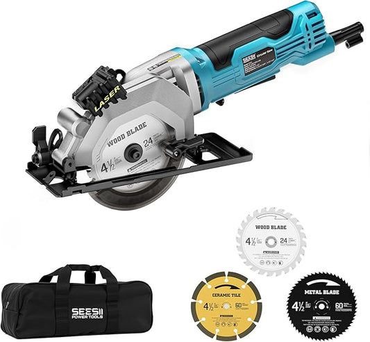 Seesii Mini Circular Saw with Laser Guide,4.8A 4000 RPM Compact Corded Circular Saw with Rip Guide,3 Blades (4-1/2") for Wood,Soft Metal,Tile,Plastic Cutting,Max Cut Depth 1-11/16"(90°),1-1/8" (45°)