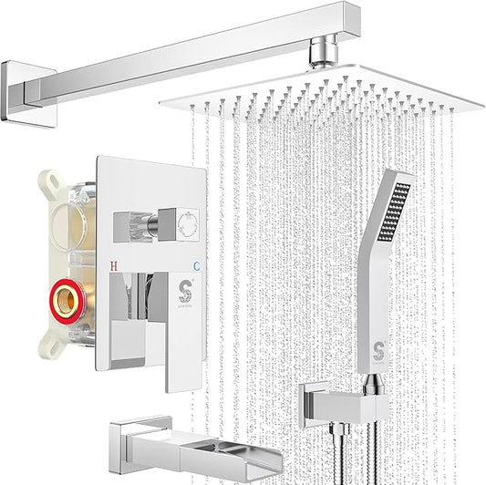SR SUN RISE 8 Inches Wall Mounted Bathtub Shower Faucet Set All Metal Shower System with Tub Spout, Rain Shower Head and Handheld Sprayer Combo Shower Set, Modern Valve and Trim Kit, Polished Chrome