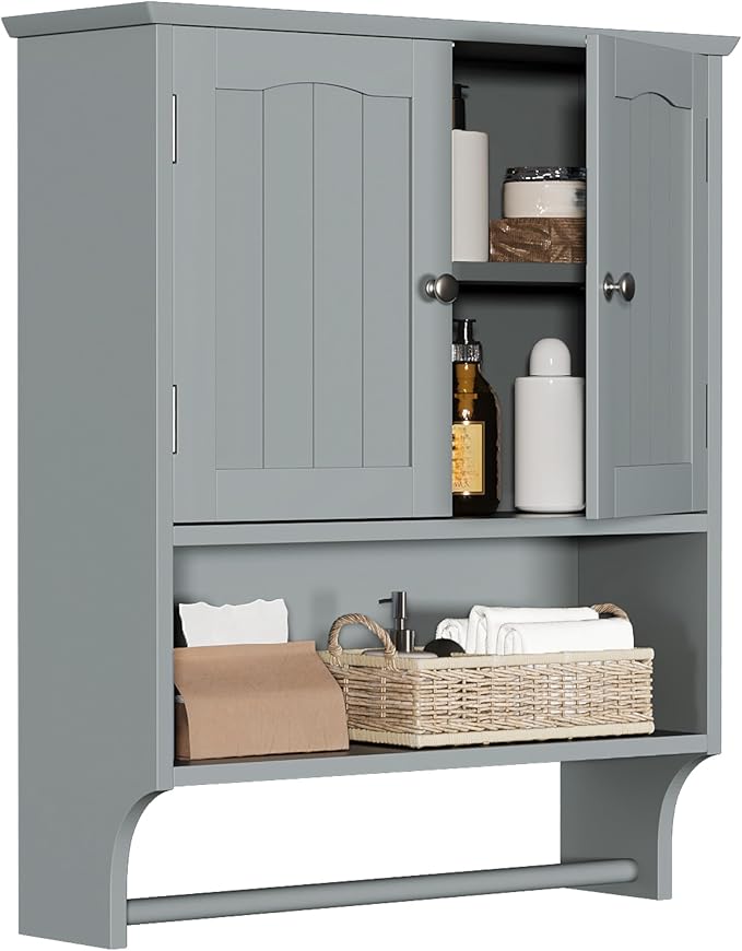 Smuxee Grey Bathroom Cabinet Wall Mounted with Towels Bar, Bathroom Medicine Cabinet with 2 Door Adjustable Shelves, Over Toilet Cabinet for Bathroom Laundry Room Kitchen