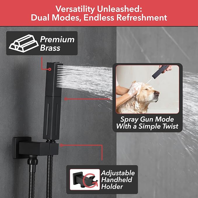 VANFOXLE Shower Faucet Set Matte Black Shower System,Three Modes Shower Faucet with 2 in 1 Handheld,Wall Mount 10 Inch Shower Head with 6 PCS Dual Modes Body Jets