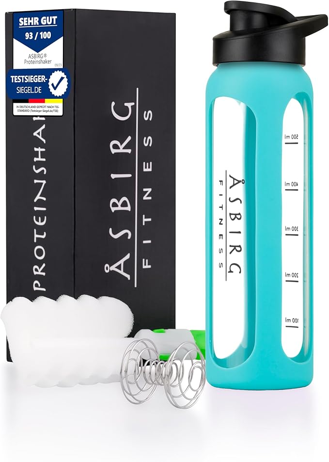 Fitness | Glass Protein Shaker | Protein Shaker | Drinking Bottle | with Spiral Ball - Aqua