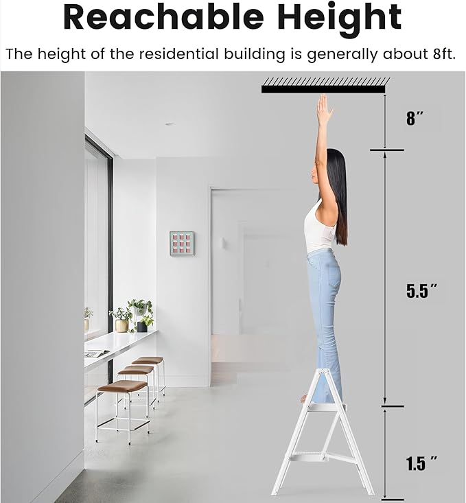 Step Stool, 2 Step Ladder with Anti-Slip and Wide Pedal, Portable Iron Foldable Stepladder for Home and Kitchen, 300lbs - White