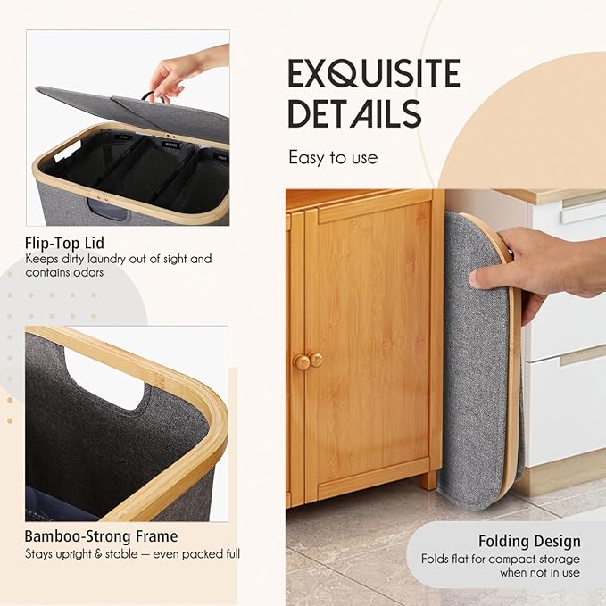 160L Laundry Sorter Hamper with Lid, 3 Section Extra Large Dirty Clothes Basket with Handles, 3 Removable Liner Bags & Labels, Gray