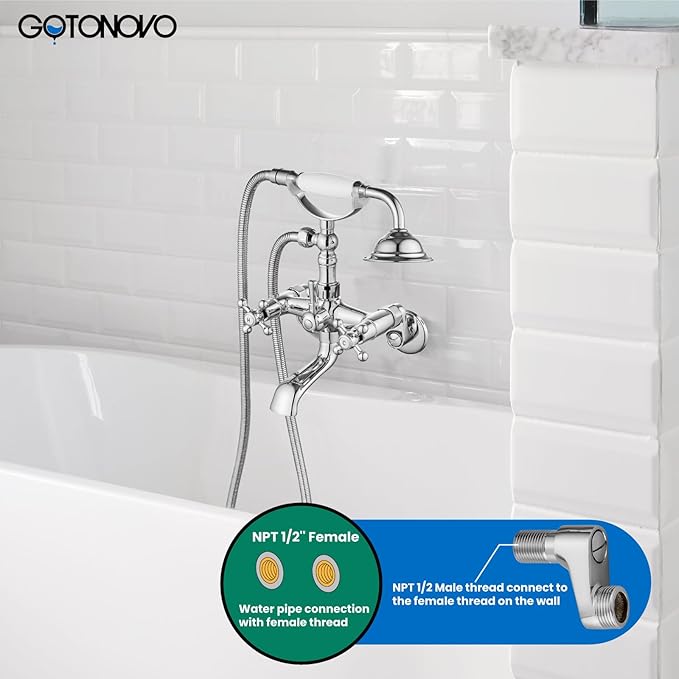gotonovo Clawfoot Bathtub Faucet Tub Filler with Hand Held Shower Faucet Set Victorian Double Cross Handle 6 Inch Center Adjustable Swing Arms Tub Mount Short Adapter Polished Chrome