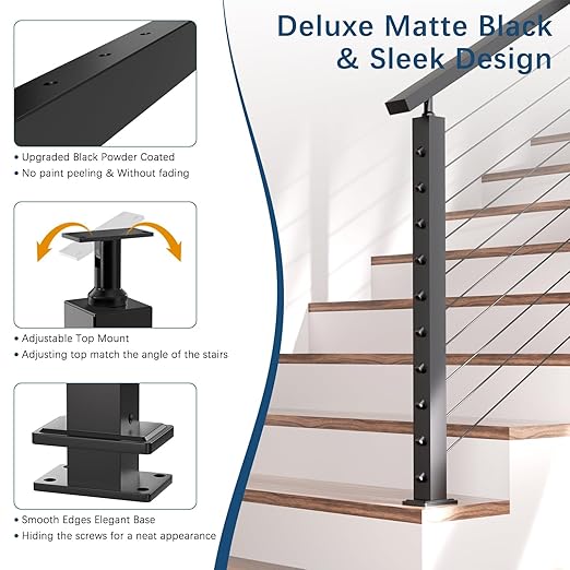Economical 36" Stair Cable Railing Post Fit 28-38 Degree Stairway, Stainless Steel T304 Deck Post for Stair Railing System, Upgraded Black Powder Coated Wire Metal Post for Satir Indoor Outdoor