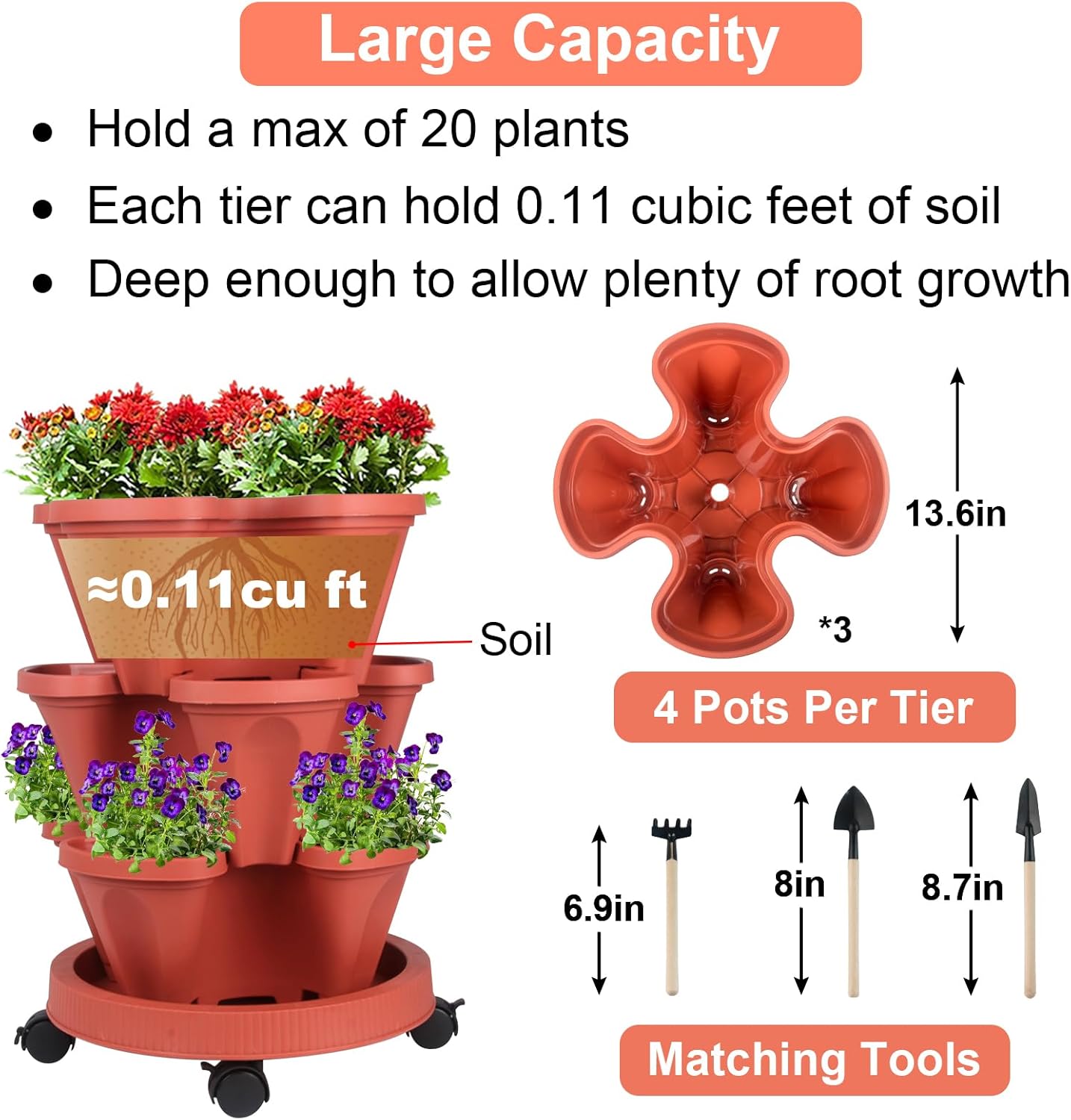 Vertical Planter 3 Tier Stackable Planters Garden Planters Strawberry Herb Flower and Vegetable Planter Indoor Outdoor Gardening Pots with Removable Wheels and Tools 2-Pack