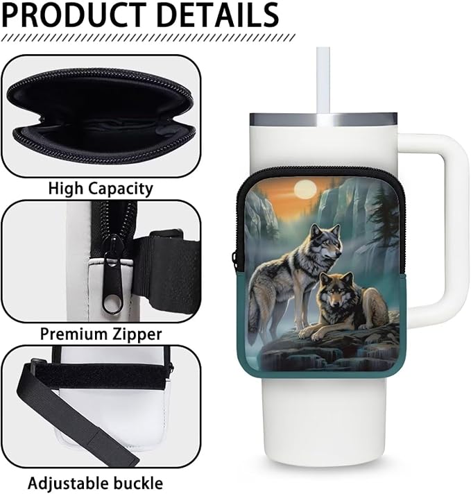 Wolf Stanley Cup Pouch with Adjustable Strap Water Bottle Storage Bag 20oz-40oz IceFlow Tumbler Pouch for Stanley Accessories