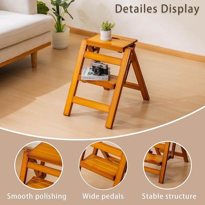 Wooden Step Stool, Foldable 2 Step Ladder, Solid Wood Ladder Stool for for Home, Kitchen & Garden Walnut