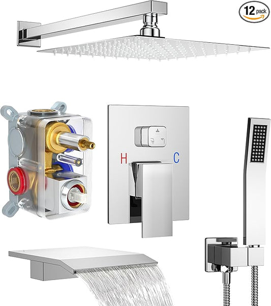 Shower System with Tub Spout, Wall Mounted Shower Faucet Set for Bathroom with 10 Inch Rain Shower Head and Handheld Shower Head Set, Polished Chrome