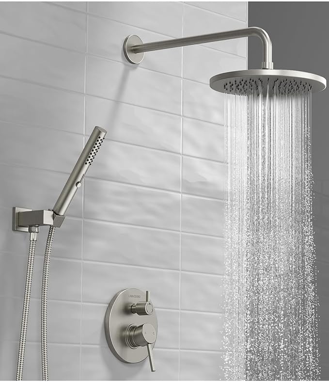 Lava Odoro Modern 2-Setting Round Rain Shower System, Brushed Nickel Rainfall Shower Faucet Set Rain Shower Head and Handle Set, Shower Valve Trim Kit,10 Inch, Brushed Stainless, SF104-BN