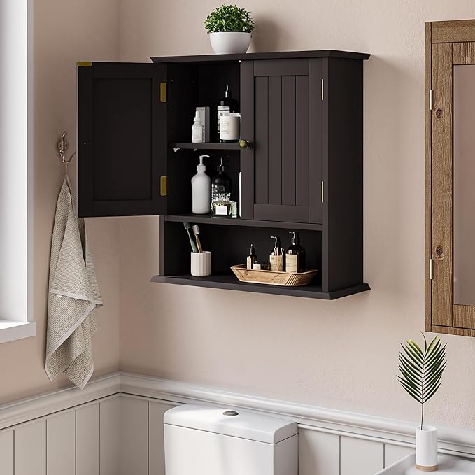 Smuxee Brown Bathroom Cabinet Wall Mounted, Small Medicine Cabinet with 2 Door Adjustable Shelves, Wall Cabinet Over Toilet for Laundry Room Kitchen