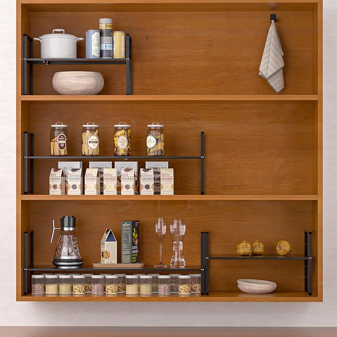 iPEGTOP Expandable Cabinet Storage Shelf Organizer Rack, Heavy Duty Steel Metal Spice Rack Adjustable Height Home Office Garage Pantry Shelves for Counter Kitchen Organization, Black, 2 Pack