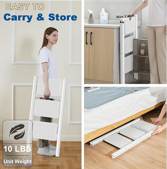 Double Elite Step Ladder 3 Step Folding, Sturdy 330 Lbs Load Step Stool for Adults, Safer Full Steel Kitchen Closet Ladder for Home, Multi-use Small Step Stool Ladder with Anti-Slip Wide Pedals, White