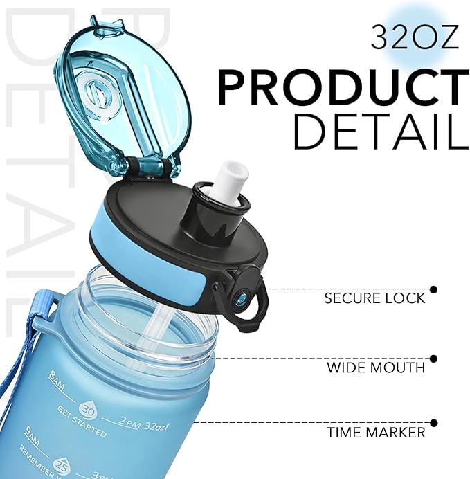 GOSWAG Water Bottles, 32 oz Motivational Sports Water Bottle with Straw and Time Marker to Remind You to Drink, Comes with Carry Strap, Leakproof