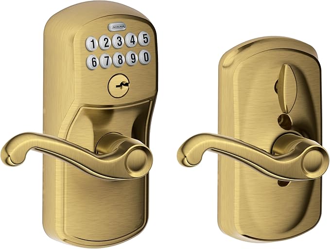 SCHLAGE FE595 PLY 609 FLA Plymouth Keypad Entry with Flex-Lock and Flair Style Levers, Antique Brass