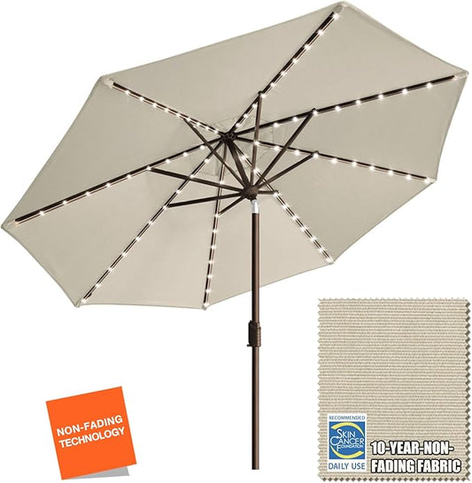 EliteShade USA 10-Year-Non-Fading Solar 9ft Market Umbrella with 80 LED Lights Patio Umbrellas Outdoor Table Umbrella with Ventilation, Antique Beige