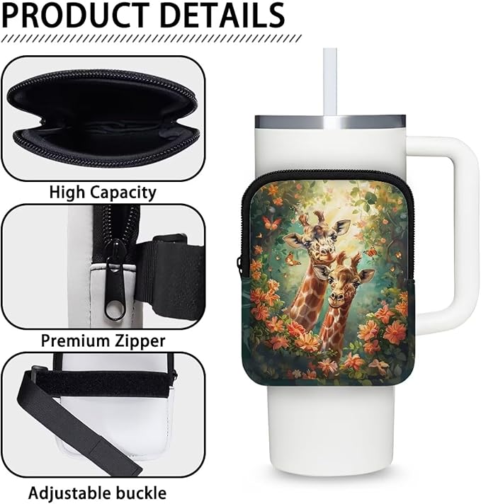 Giraffe Stanley Cup Pouch with Adjustable Strap Water Bottle Storage Bag 40oz IceFlow Tumbler Pouch for Stanley Accessories Flower