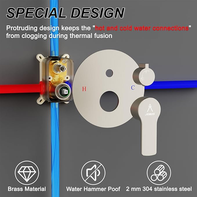 Shower Faucet Set 10IN Brass Rough-In Valve Body Trim Kit Rainfall Included Handle Accessories Complete 2 Functions with Rain Head and Handheld Bathroom Systems (10'', Brushed Nickel)