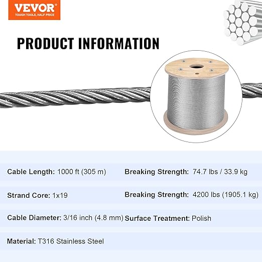 VEVOR 3/16 Stainless Steel Cable 1000FT, T316 4700 LBS Breaking Strength Thickened Cable Railing System Wire Rope Aircraft Deck Railing Kit Fence Wire