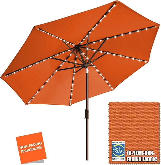 EliteShade USA 10-Year-Non-Fading Solar 9ft Market Umbrella with 80 LED Lights Patio Umbrellas Outdoor Table Umbrella with Ventilation,Rust