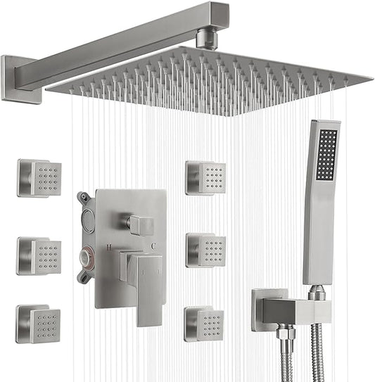 BWE Brushed Nickel Shower System with Body Jets,10 Inch Rain Shower Head,with 6 Body Spray Jets and Handheld Shower,Wall Mounted Shower Faucet Set,Rough-in Mixer Valve and Trim Included