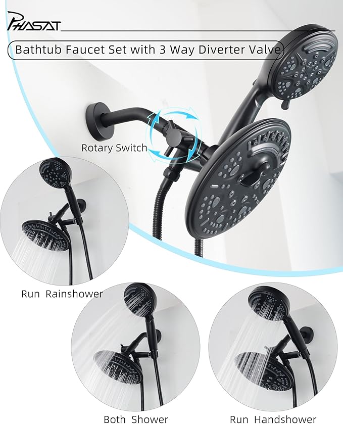 PHASAT 2 Handle Shower Faucet With Handheld Shower Head,Dual 2 in 1 Showerhead Kit,Shower Head & Handheld Spray Shower Combo Set,Tub and Shower Trim Kit With Rough-in Valve,Matte Black,PU4H08