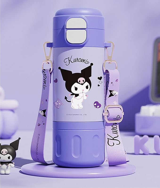 Kuromi Stainless Steel Insulated Water Bottle with Strap (Spout & Straw) 480ml - Purple