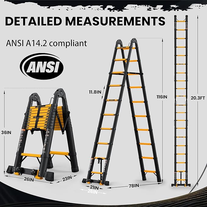20.3 FT Telescoping A Frame Ladder, 10 Step, ANSI Certified, Type I Heavy Duty, 330lbs Max Capacity, Aluminum Extension Ladder for Home, Roof, RV; Yellow
