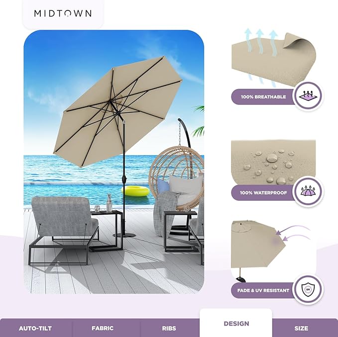 Midtown Umbrellas 10-Year-No-Fade - 10 Ft - UV Proof Chestnut (Beige) Polyester Fabric - Umbrella Outdoor Patio, Aluminum Frame Large Patio Umbrella for Garden, Pool & Deck - Black Pole