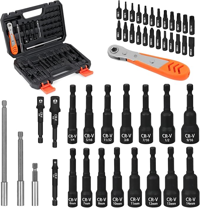 HORUSDY 47Pcs Nut Driver Set SAE and Metric, Impact Magnetic Nut Driver for impact drill, Socket Adapters, Screwdriver Bit Set, Cr-V Steel 1/4" Hex Shank Quick Change,with Storage Case