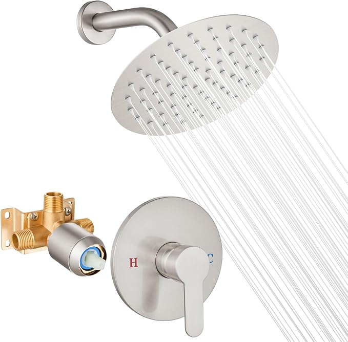Airuida Shower Faucet Set,8 Inch Round Rainfall Shower Head,SUS304 Stainless Steel Single Handle Shower Trim Kit,Wall Mount Bathroom System with Male Threads Valve Brushed Nickel