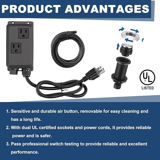 Garbage Disposal Air Switch Kit Dual Outlet Sink Top Waste Disposal On/off Stainless Steel Satin Nickel Button Extra Long Food and Waste Disposer, UL List(Silver)