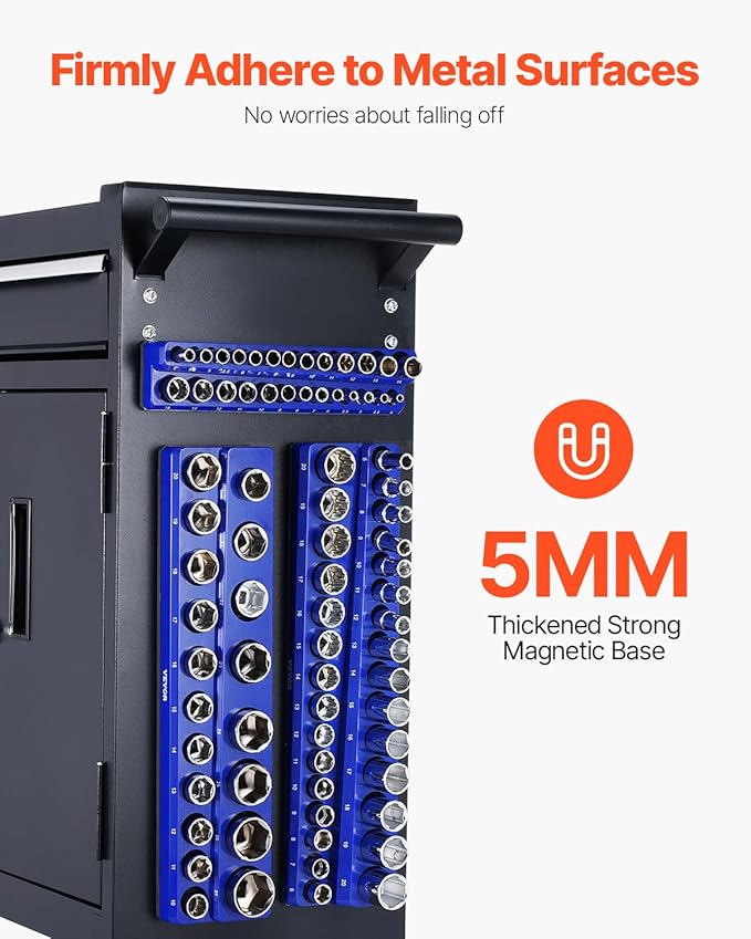 VEVOR Magnetic Socket Organizer Set, 6PCS Socket Holder, 1/4'', 3/8'' & 1/2'' Metric SAE Socket Trays with Clear Labels, Hold up to 143PCS Standard & Deep Sockets, Blue & Red (Sockets Not Included)