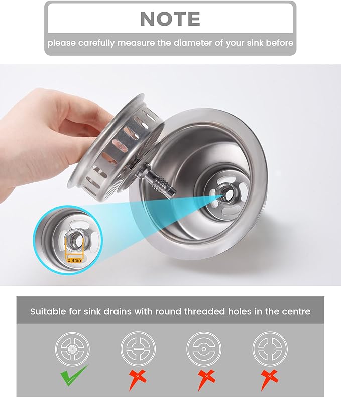 KONE Kitchen Sink Stopper Strainer Replacement for KONE 9171 Standard 3-1/2 Inch Spin and Seal Drains with Threaded Stopper Function, Stainless Steel Twist Lock Basket Strainer Replacement