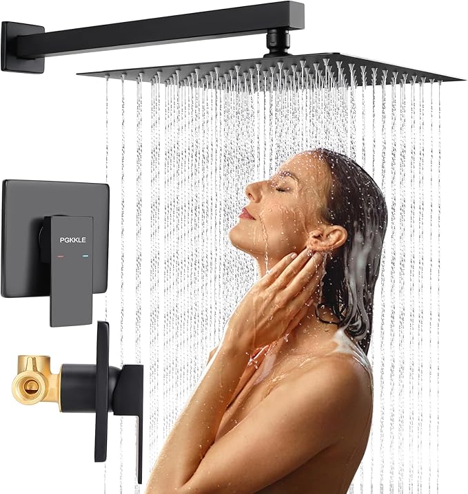 10 Inch Rainfall Shower Faucet Single Function Shower Trim Kit with Rough-in Valve Shower Set Square Stainless Steel Metal Touch-Clean Shower Head Matte Black