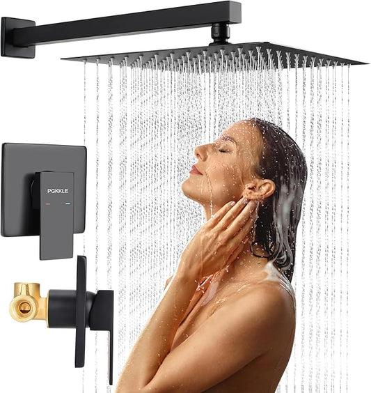 10 Inch Rainfall Shower Faucet Single Function Shower Trim Kit with Rough-in Valve Shower Set Square Stainless Steel Metal Touch-Clean Shower Head Matte Black