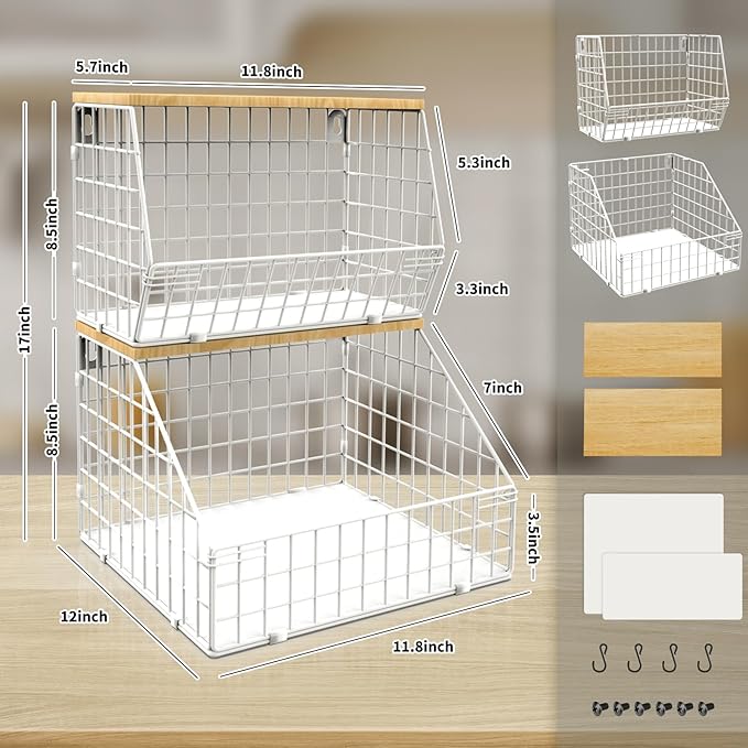 White Fruit Bowl, 2-Tier Fruit Basket for Kitchen Counter, Stackable Wall Mounted Veggie Storage, Snack Organizer, Potato and Onion Storage Basket, Hanging Pantry Organizer with Wood Lid, 2 Set