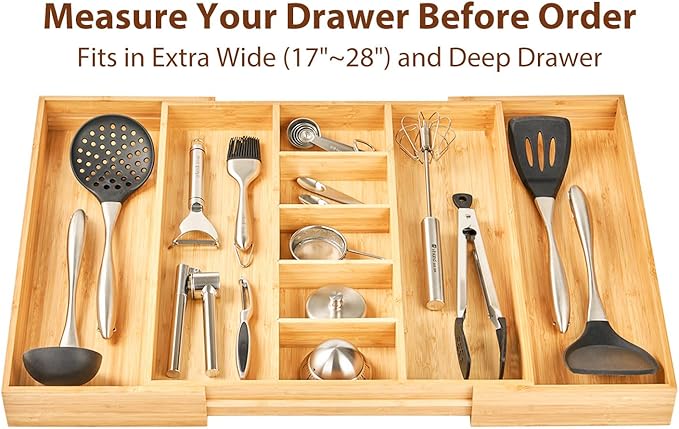 Umilife Extra Large Expandable Kitchen Drawer Organizer for Utensil and Junk, 19" Deep for Big Drawer, 17" to 28" Adjustable Bamboo Wood Drawer Divider, Cutlery Tray, Flatware Holder