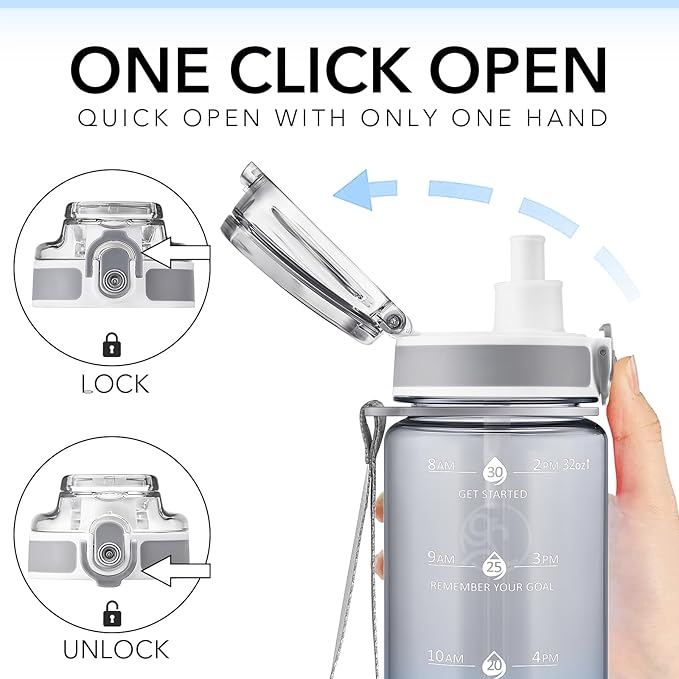 GOSWAG Water Bottles, 32 oz Motivational Sports Water Bottle with Straw and Time Marker to Remind You to Drink, Comes with Carry Strap, Leakproof